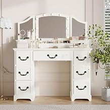 HOPUBUY Vanity Desk with Mirrors and Lights, Farmhouse Makeup Vanity with Drawers & Power Outlets,3 Dimmable Light Colors White Dressing Table with Magnifying Mirror, Cabinet for Bedroom,Dressing Room