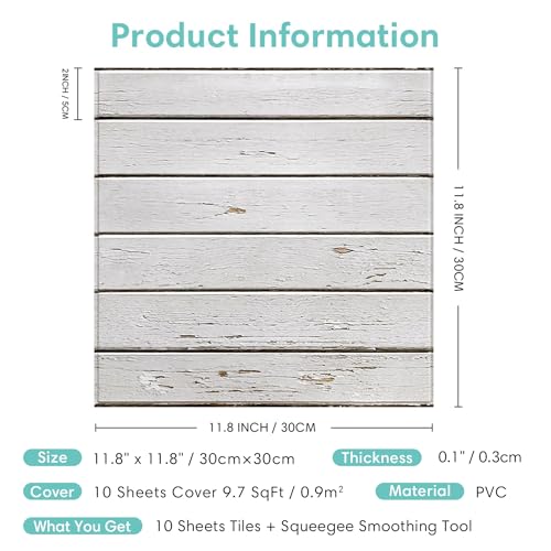 Commomy 3D Faux Wood Shiplap Peel and Stick - 11.8"x11.8" 10 Pcs Ultralight PVC Retro White Stick on Wood Tiles for Kitchen Backsplash,Bathroom,Interior Wall Decor - Thumbnail 6