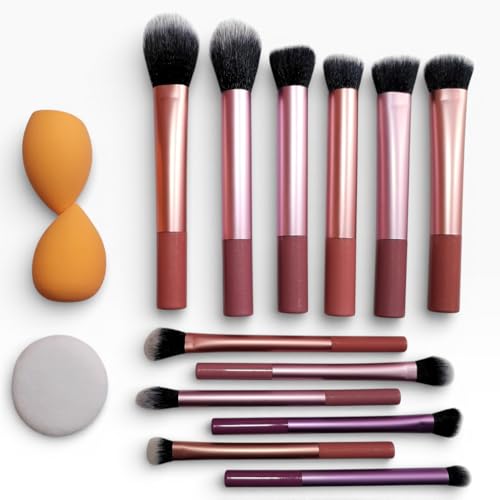 Flawless Base Makeup Brushes 12 Sponges 2 And Powder Puff Set For Foundation Cream Liquid Powder Beauty Blenders Eyeshadow Eyeliner Concealer Brush Cosmetic - Quality Brushes. (Rose Gold & Pink)