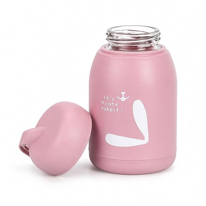 Image of Aider Rabbit Glass Water Bottle 350ml for Kids & Girls | Cute Bunny Printed Water Bottle with Leakproof Lid | Portable Hot & Cold Drinking Bottle for School, Office, Travel