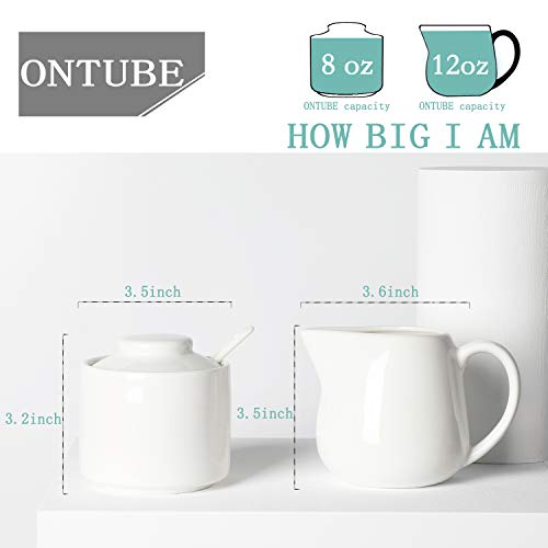 Ontube Porcelain Sugar And Creamer Set Of 3,Cream Pitcher, Spoon, Sugar Bowl With Lid,Cream (White) #TOP1