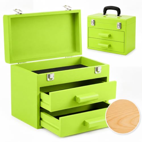 11 Inch Mini Wooden Tool Box with 2 Drawers and Top Storage, Lime Green