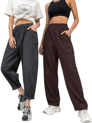 Image of Leriya Fashion Women's Elastic Waist Cargo Pants| Casual Loose Fit Jogger Trousers with Pockets| Lightweight Streetwear Pants for Women