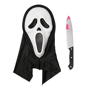 Udekit Gruselige Horror Geistergesicht Scream Maske mit Blutigem Spielzeugmesser für Halloween Karneval Cosplay und Kostümparty