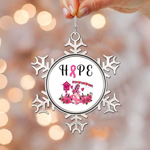 Cinta de cáncer de mama, adornos de metal de copo de nieve, adornos de cinta de cáncer de mama, esperanza, fe, esperanza, amor, gnomo, adorno de Navidad, recuerdo de recuerdo para decoración del árbol