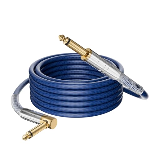 Professional Guitar Instrument Cable 10 FT, 90 Degree Right Angled to Straight 1/4 Inch 6.35mm TS Mono Shielded Hi-Fi Bass Amp Cord, Gold-Plated, Reinforced SR for Electric Guitar Amplifier Mixer-Blue by HiFind - Used condition - US$8.99