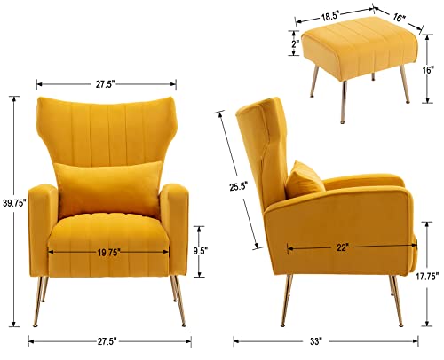 Dm Furniture Accent Chairs With Ottoman Set Of 2 Velvet Wingback Club Chair Upholstered Reading Armchairs With Gold Metal Legs For Living Room/Bedroom, Yellow #TOP2