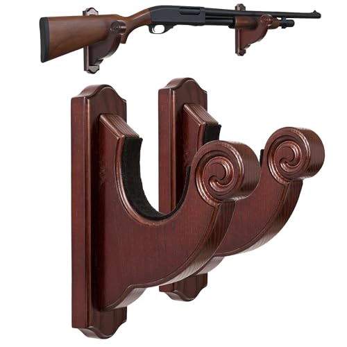 TESLYAR Rifle Wall Mount - Snail-Style Gun Hooks, Wooden Gun Rack for Shotguns and Rifles, Real Hardwood, Set of 2, Mahogany Finish, Rifle Wall Mount Display