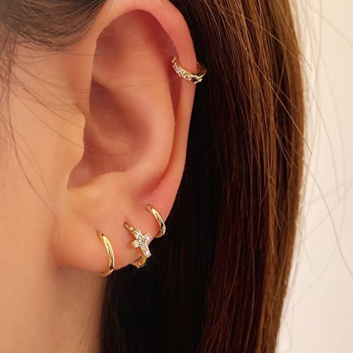 Small Gold Hoop Earrings For Women 14K Gold Plated Hoops Tiny Hypoallergenic Cubic Zirconia Cartilage Gold Huggie Hoop Earrings For Teen Girls (Mini Cross) #TOP3