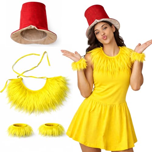 Cilxdr 4 Pcs Storybook Character Costume for Adult Halloween Accessories Red Top Hat Yellow Faux Fur Collar Wristband