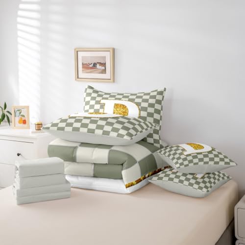 Image of Erosebridal Sage Green Checkered Queen Comforter Set with Sheets 7 Piece Plaid Initial D Bed in A Bag Personalized Monogram Bedding Sets for Kids Adults,Fashion Grids Gingham Bed Set