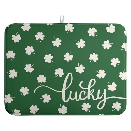 Wnoesat St Patricks Day Lucky Clover Dish Drying Mats for Kitchen Counter Green White Shamrock Dish Drying Pad St Patrick Microfiber Absorbent Reusable Washable Large Dishes Drying Mat 18x24 Inch