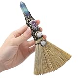 RENEMEGO Witchcraft Supplies Witches Broom - Wiccan Decor with Amethyst Clusters Altar Supplies with Fluorite Natural Healing Crystals Hexagonal Points Pagan Decor Reiki Energy Clearing Crafts