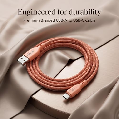 Image of PHILIPS DLC4130AR /94 18W Type-A to Type-C Fast Charging Cable (1m, Coral Reef) | Nylon Braided | Compatible with iPhone 15+ Series, USB-C iPad Models, Samsung Galaxy & All Type C Devices