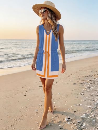 Image of SAUKOLE Womens Sleeveless T Shirt Dresses Casual Cute Floral Print Short Dress Summer Fashion Front Pockets