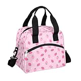 Pardick Pink Strawberry Insulated Lunch Bag Polka Dot Lunch Box for Women Girl with Shoulder Strap T
