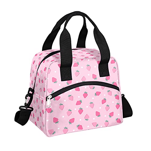 Pardick Pink Strawberry Insulated Lunch Bag Polka Dot Lunch Box For Women Girl With Shoulder Strap Tote Bag Reusable Large Containers Meal Prep For School Work Travel Picnic Thermal Cooler Bag #TOP2