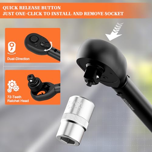 NADOKHI Klucze dynamometryczne 3/8", 5-60 Nm, 72 zęby, 10-częściowy mały zestaw kluczy dynamometrycznych z przedłużeniem 250 mm, przegubem uniwersalnym, tuleją do świec zapłonowych, do roweru