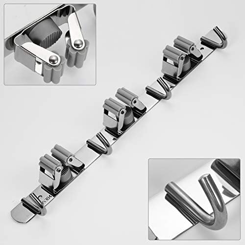 Goowin Broom Holder, Wall Mount Broom Mop Holder, Heavy Duty Stainless Steel Mop holder with 3 Racks 4 Hooks for Laundry Room Kitchen Office Closet Garden Garage Tools Storage (Gray)