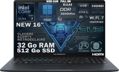 ASUS Ordinateur Portable Copilot+ PC, Intel Ultra 7 356H 16 Cœurs, RAM 32Go DDR5, SSD 512Go, Écran 16", WiFi…