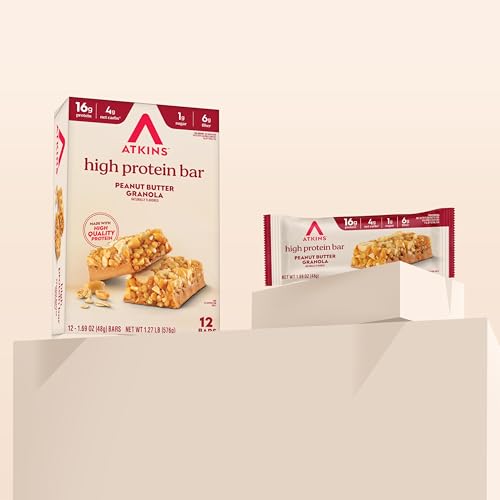 Atkins Peanut Butter Granola Protein Meal Bar, High Fiber, 16g Protein, 1g Sugar, 4g Net Carb, Meal Replacement, Keto Friendly, 12 Count