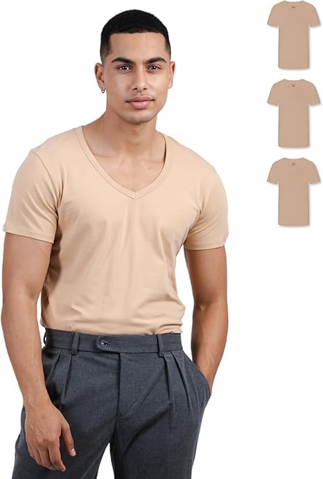 SKIPPER 3er Pack Herren T-Shirts mit tiefem V-Ausschnitt Beige Premium Stretch Baumwolle Perfekte Passform & Formstabil Unsichtbar unter Hemden Slim Fit L