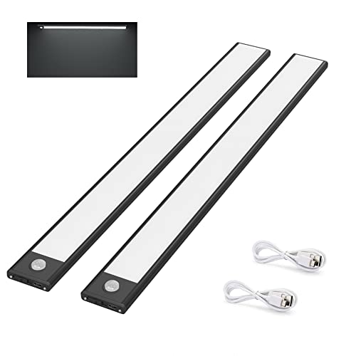 Klighten 2 Pcs Lampe de Placard 73 LED, 40cm, Sans Fil, Rechargeable par USB, Aimanté, Détecteur de Mouvement, 3 Modes d’Éclairage, Portable, Lumière de Placard, Blanc Froid 6000K, Noir Cover