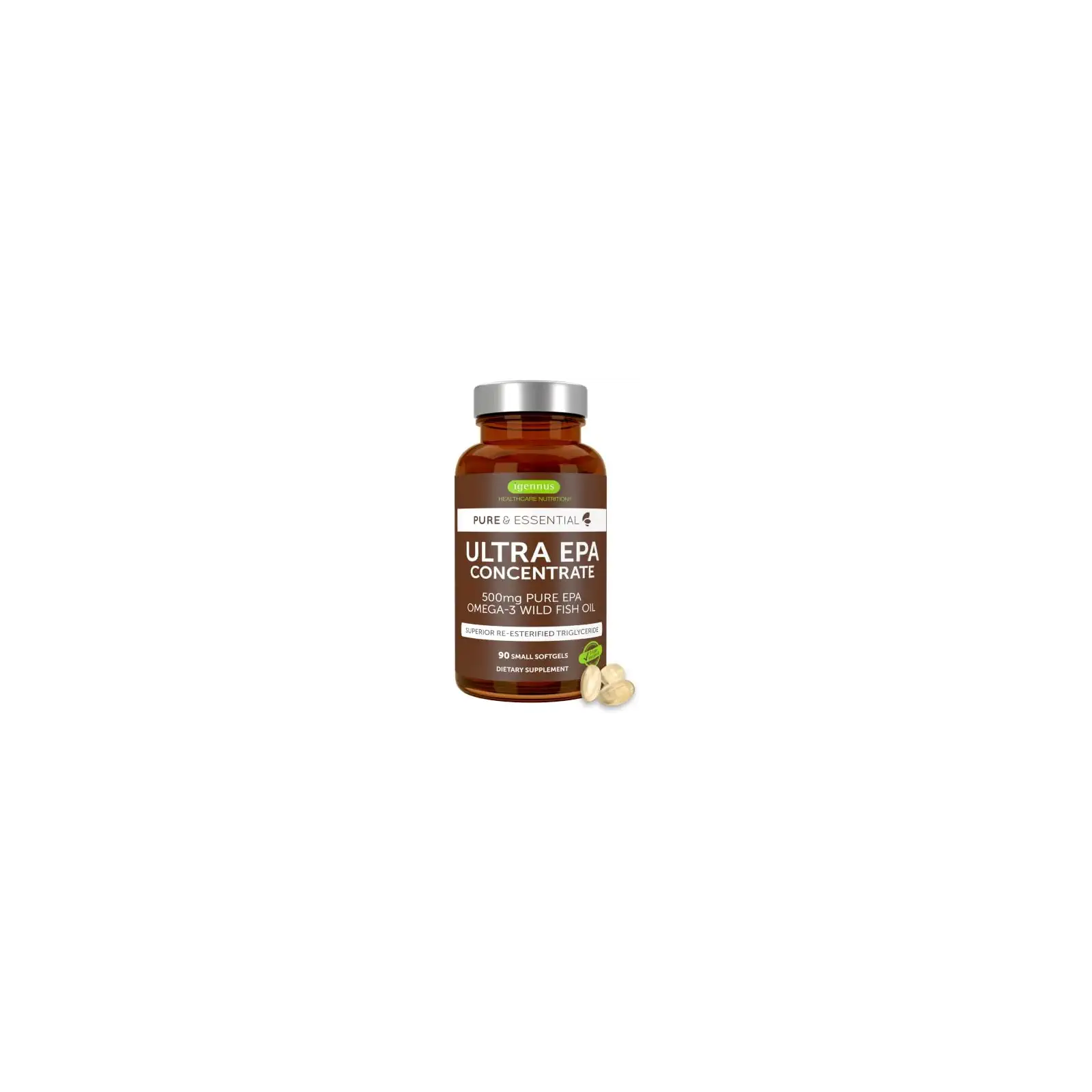 Igennus Ultra EPA Omega 3 500mg, DHA-Free, IFOS-Certified, 90 Softgels | Concentrated rTG fish oil in small, easy-to-swallow softgels; ultra-pure and non-GMO