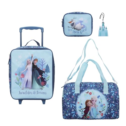 Bioworld Frozen Elsa & Anna Kids 4-Piece Travel Set With Suitcase Duffle Bag Toiletries Case and Luggage Tag