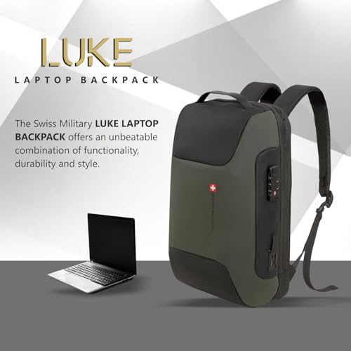 Image of SWISS MILITARY LUKE 23L 15.6 inch Laptop Backpack for Men & Women, Polyester, Padded Laptop & iPad Compartment, USB A & C Charging Port, TSA Lock, Multiple Quick Access Pockets, Keychain Holder