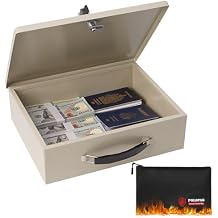 Fireproof Document Box with Key Lock & Fireproof Money Bag,Safe Storage Boxfor Valuables,Key Lock Security with Carrying Handle,Fireproof Box for Documents,Passport Extra Large White, Large