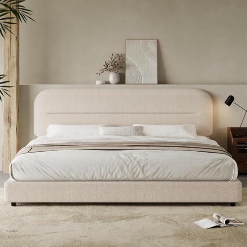 King Size Boucle Bed Frame, Upholstered Cloud Bed Frame with Head...