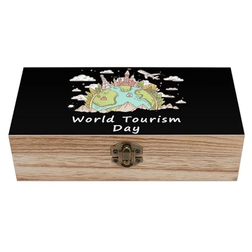 Caja de madera para el Día Mundial del Turismo con tapa con bisagras, cajas de almacenamiento de madera, contenedor de joyas, recuerdo, decoración del hogar