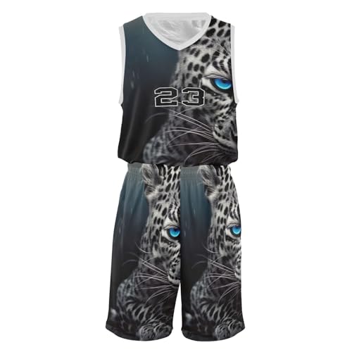 FLildon Leopard Cheetah Blue Eyes Boys Basketball Jersey Set Tank Top Shorts Tracksuit Sport Training Suit for Kids