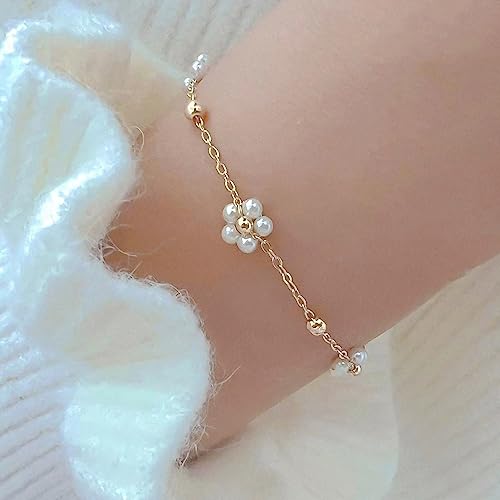 Gold Bracelet for Women, 14K Gold Plated Daisy Pearl Bead Tennis Chunky Curb Sparkle CrissCross Bracelet Simple Jewelry3