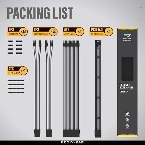 Image of EZDIY-FAB 12VHPWR PSU Cable Extension Kit for RTX 50 /40 Series,16AWG PCIE 5.0 Power Supply Cable Extension- 1x 24 Pin ATX /2X 8Pin (4+4) EPS / 1x12+4 Pin GPU,Sleeve Cable 300MM with Combs-Black Grey