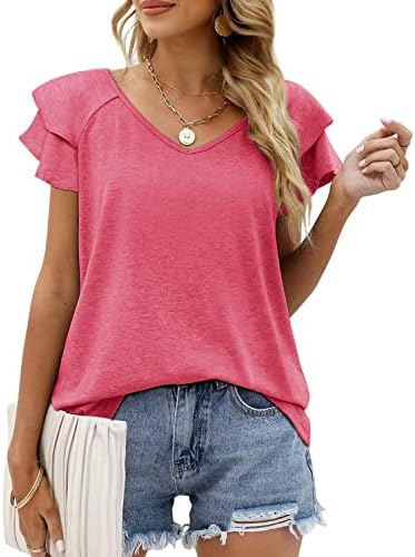 FESCOO Summer Tops Womens 2023 Tunic T Shirts Knit V-Neck Casual Short Sleeve Blouse Casual Tee（Red-Large ）