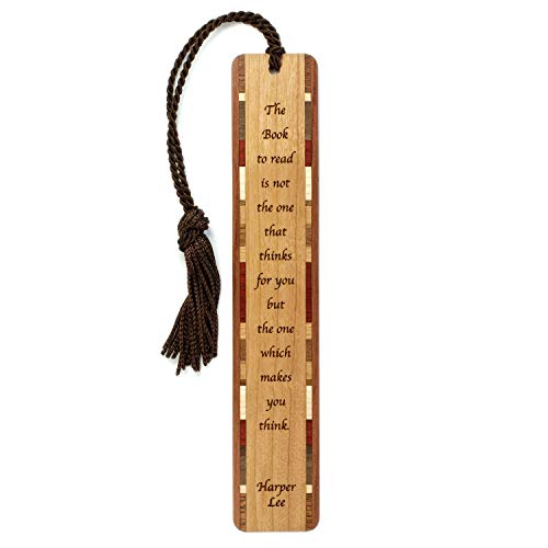 Harper Lee Quote The Book to Read is The One Which Makes You Think Engraved Wooden Bookmark with Tassel - Also Available with Personalization - Made in The USA