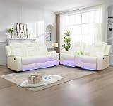 Juego de sofá reclinable de Cuero con Luces LED, sofá reclinable eléctrico y loveseat con Puerto USB y portavasos para sala de Estar, casa o cine en casa (Blanco,Loveseat&Sofa)