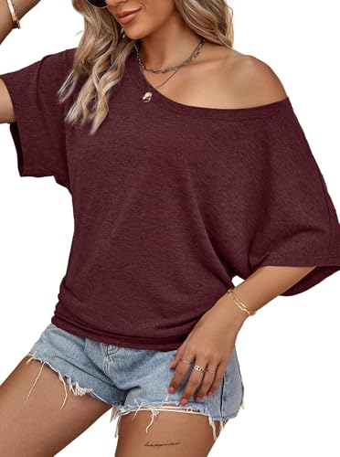Image of Hilinker Womens Sexy Short Batwing Sleeve T Shirt Casual Tee Burgundy B Small