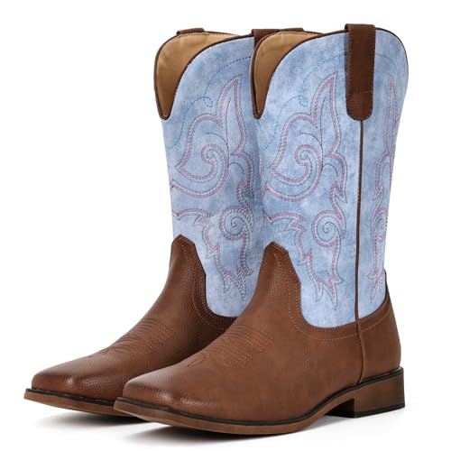 Image of IUV Cowboy Boots For Women Square Toe Cowgirl Wide Mid Calf Western Boots | Comfortable, Pull-on, Colorful Embroidered, Vintage-modern, Stylish for Daily Life and Outdoor Adventures.