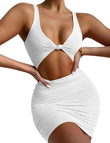 Kaximil Women's Sexy Bodycon Sleeveless Cut Out Ruched Tank Mini Club Party Dresses, Medium, White #TOP2