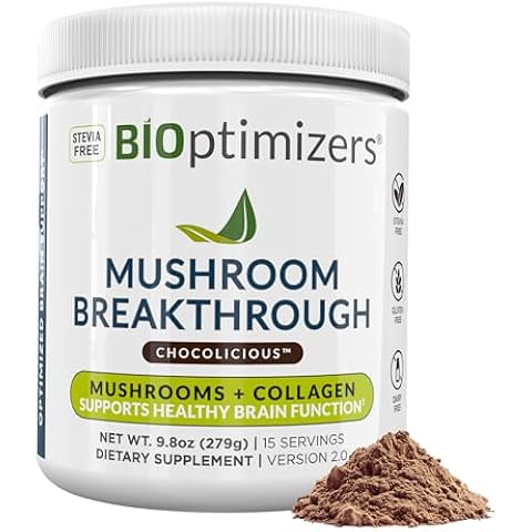 BiOptimizers Mushroom Coffee Alternative &ndash; Chocolate Drink &ndash; Lion&rsquo;s Mane, Chaga, Reishi + Collagen Peptides for Focus, Energy & Gut Health &ndash; Adaptogenic Mushrooms & MCT Powder &ndash; 15 Servings