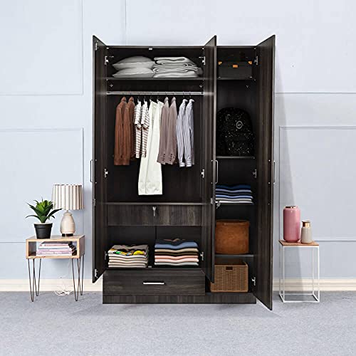 Image of Wakefit Wardrobe | 1 Year Warranty | Engineered Wood Almirah, Cupboard for Clothes Storage | 3 Door, 1 Drawer, 1 Hanging Space | Cashmere - Dark Brown