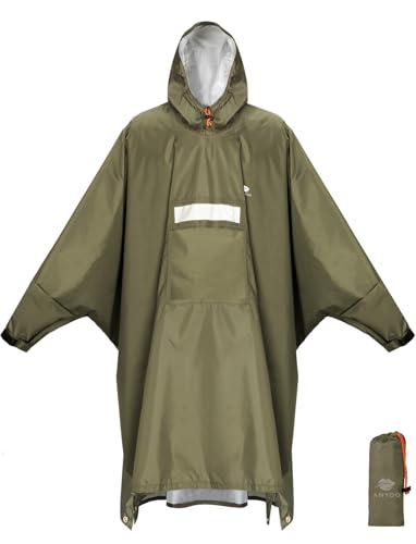 ANYOO Wasserdichter Regenponcho Winddichter Regenmantel mit Seitlichem Reißverschluss, Leichter Regenjacke mit Verstellbaren Ärmeln für Outdoor Wandern Radfahren, Einheitsgröße, Armee Grün