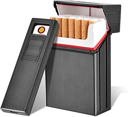 Queta Cigarette Case with Lighters, Aluminum Cigarette Holder, Metal Aluminum Pocket Cigarette Cigar Tobacco Box Case Holder,2 in 1 Electronic USB Rechargeable Flameless Windproof Lighters