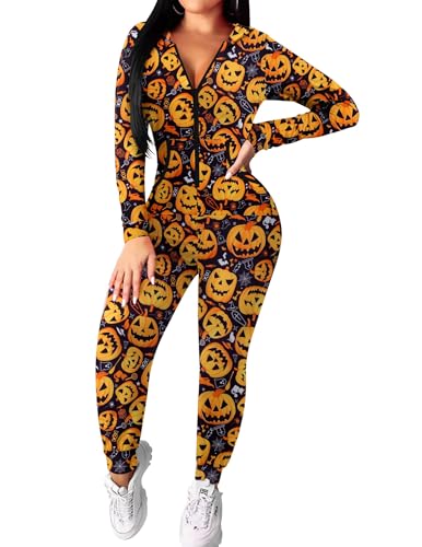 Ekouaer Halloween Onesie for Women Hoodie Jumpsuit Long Sleeve Pajamas Onesie Zipper Romper with Pockets Halloween Pumpkin Print S