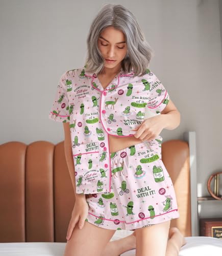 Image of HUNTFAMI Womens Soft Silky Satin Pajamas Set, 2 Pcs Sleep Short Pajamas for Mom and Grandma Button Down Summer Loungewear