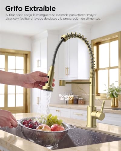 Miniatura 4 de Forious Grifo Cocina, Grifo Cocina Extraible Grifo De Cocina Fregadero De Resorte Con 2 Modos Giratorio A 360 , Torneira Cozinha Monomando, Oro Cepillado