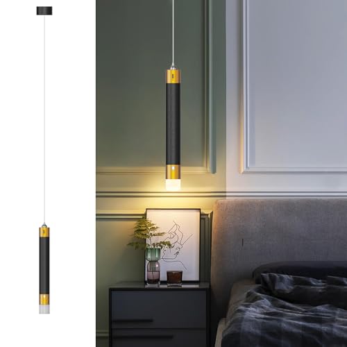 ACMHNC Lámpara colgante LED cilíndrica negra con batería, batería de 4500 mAh, funciona con pilas para mesita de noche dormitorio, 30 cm